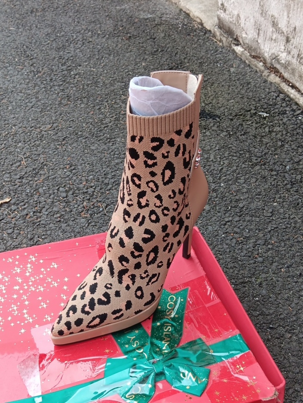 Leopard Knit Pointed Sock Bootie in Beige